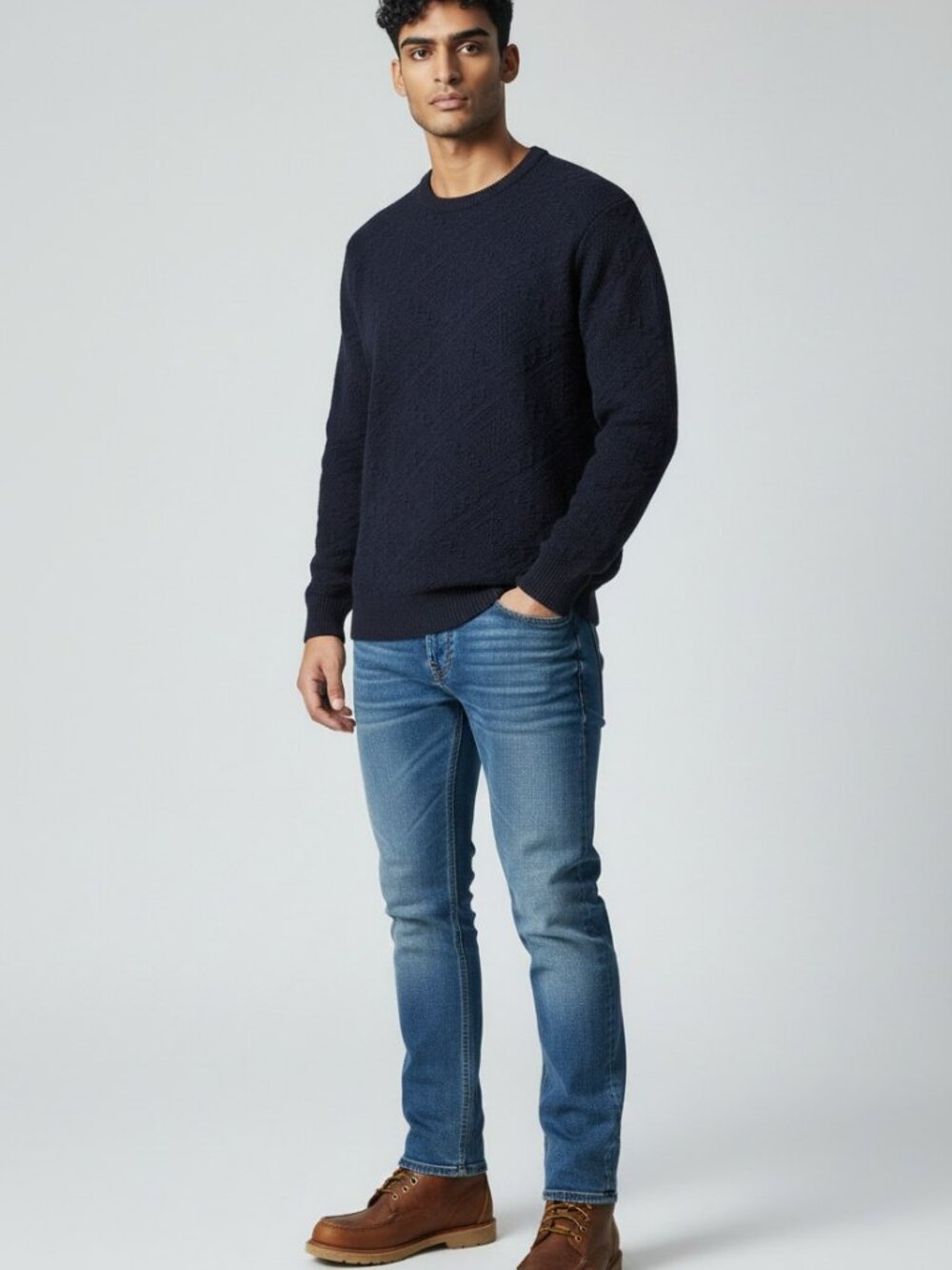 Men's Vintage Anchor Bay Textured Navy Crewneck Sweater Large